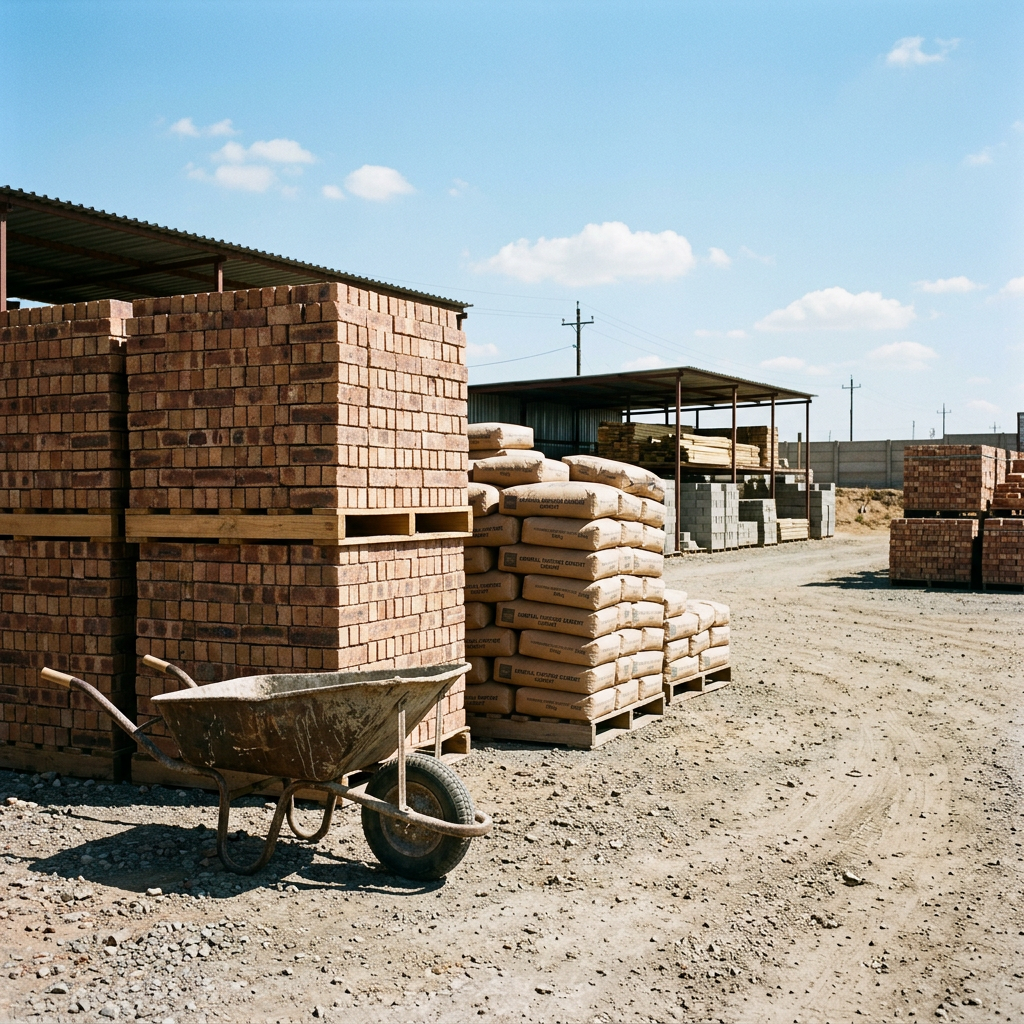 Stacks of face bricks and cement bags at a building supplier yard