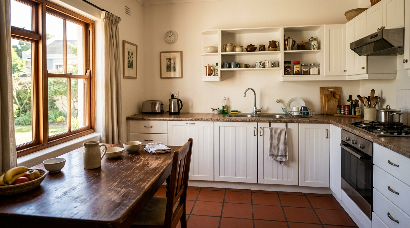 A sunlit family kitchen with a wooden table, white cabinets and a steel sink