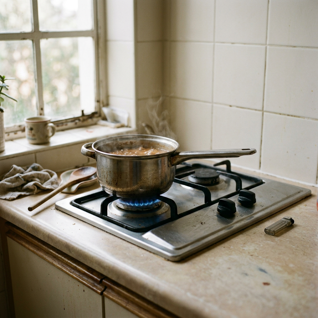 A gas hob with a pot on a kitchen counter