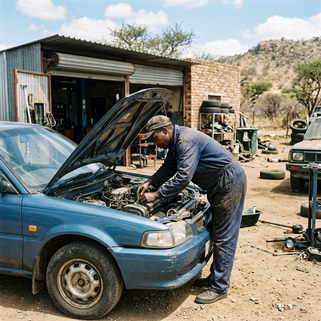 A mechanic working under the open bonnet of a small blue car