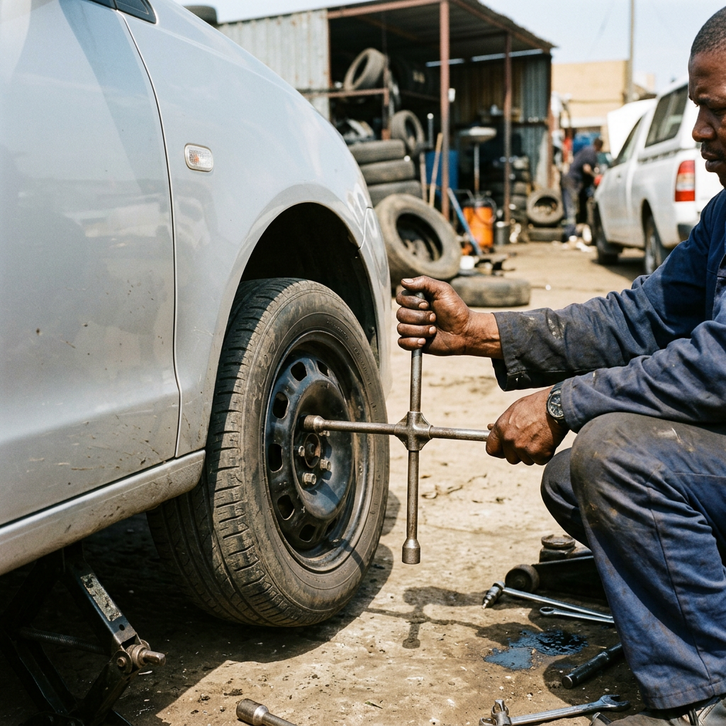 A mechanic fitting a wheel with a wheel spanner
