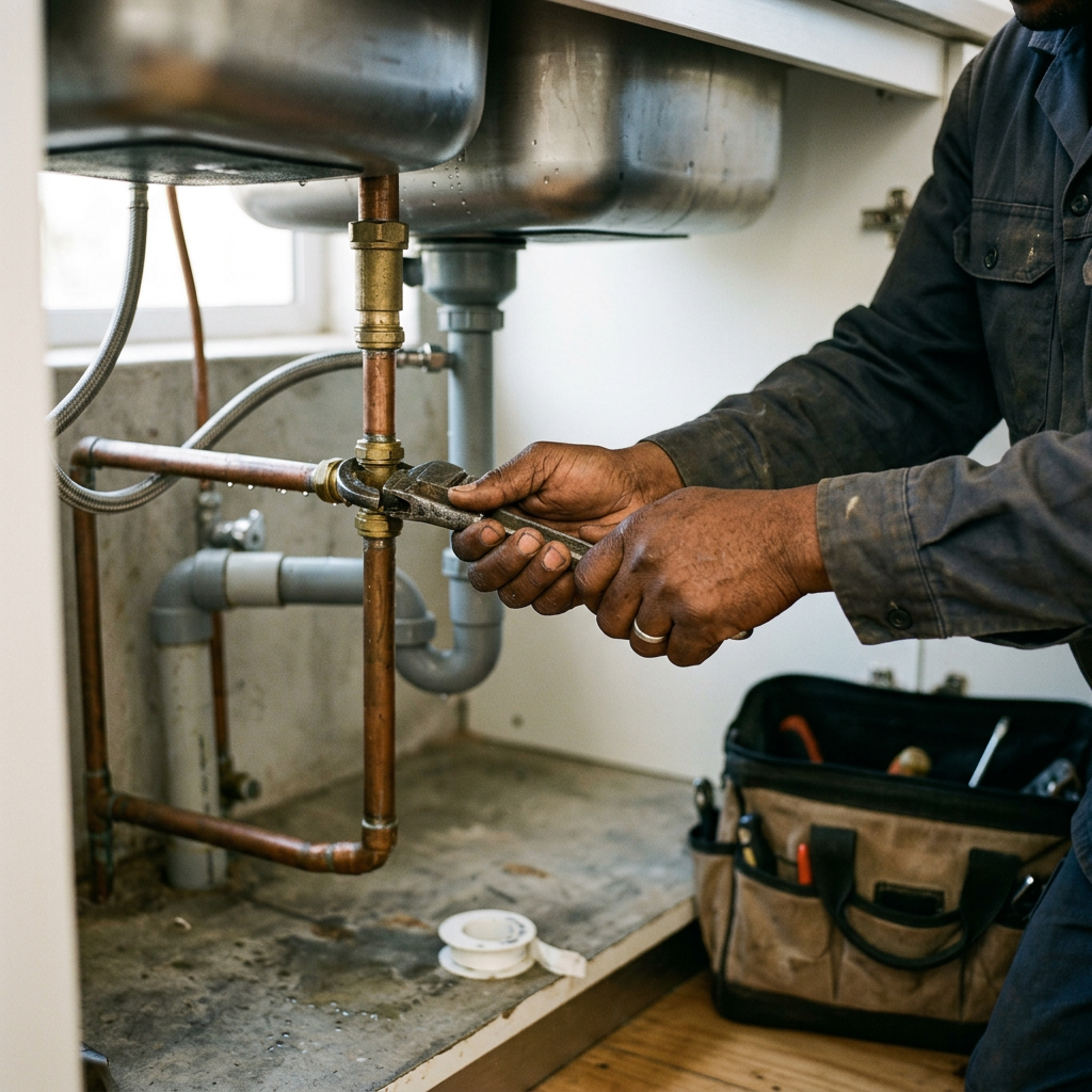 A plumber tightening a copper pipe under a kitchen sink