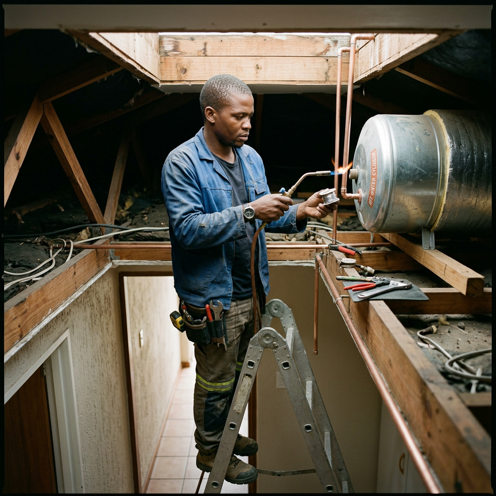 A plumber on a ladder fitting copper pipe to a geyser in a ceiling space