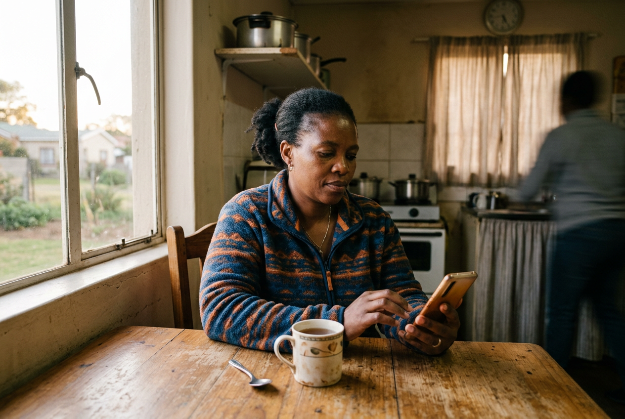 A woman at a kitchen table looking at a phone with a mug of tea beside her
