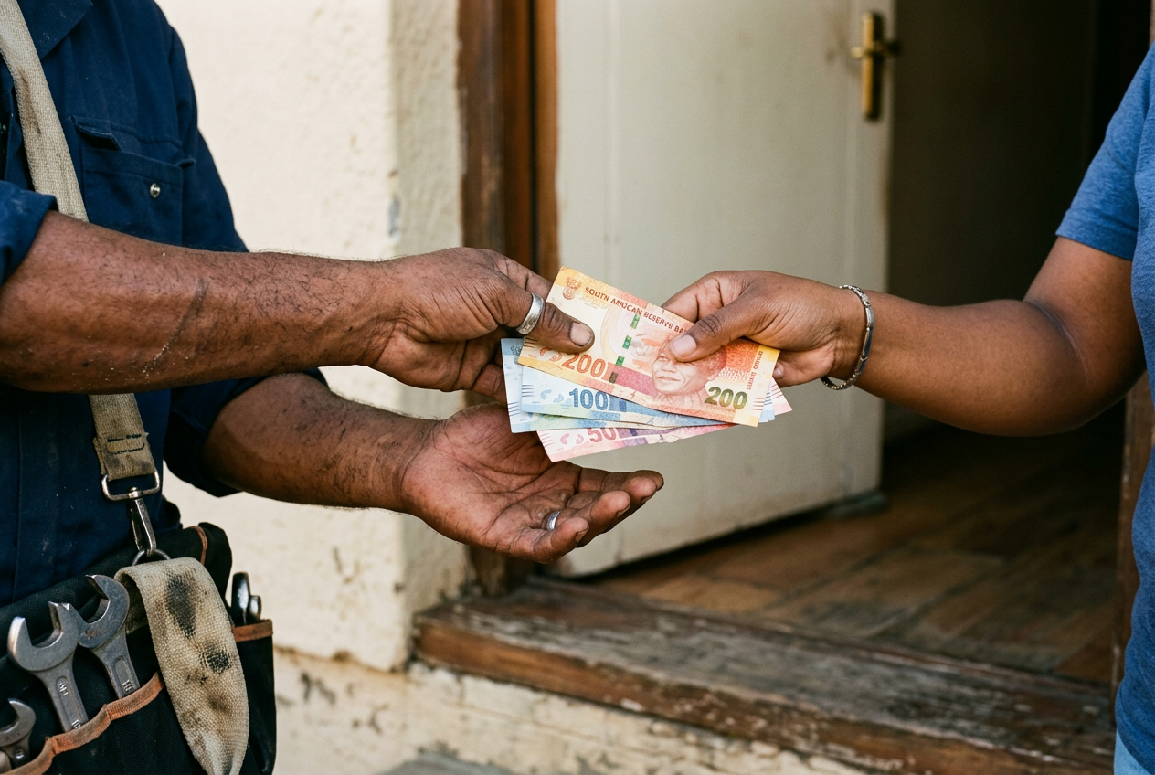 A customer handing rand banknotes to a plumber at a front door