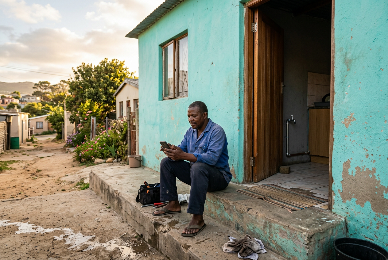 A man sitting on his front step tapping on a phone after a repair